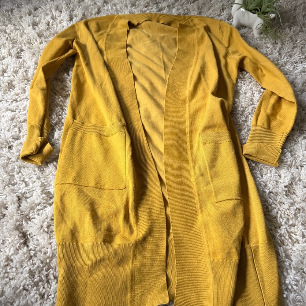 Mustard yellow pocketed long cute elegant Open Front Cardigan - Picture 4 of 6